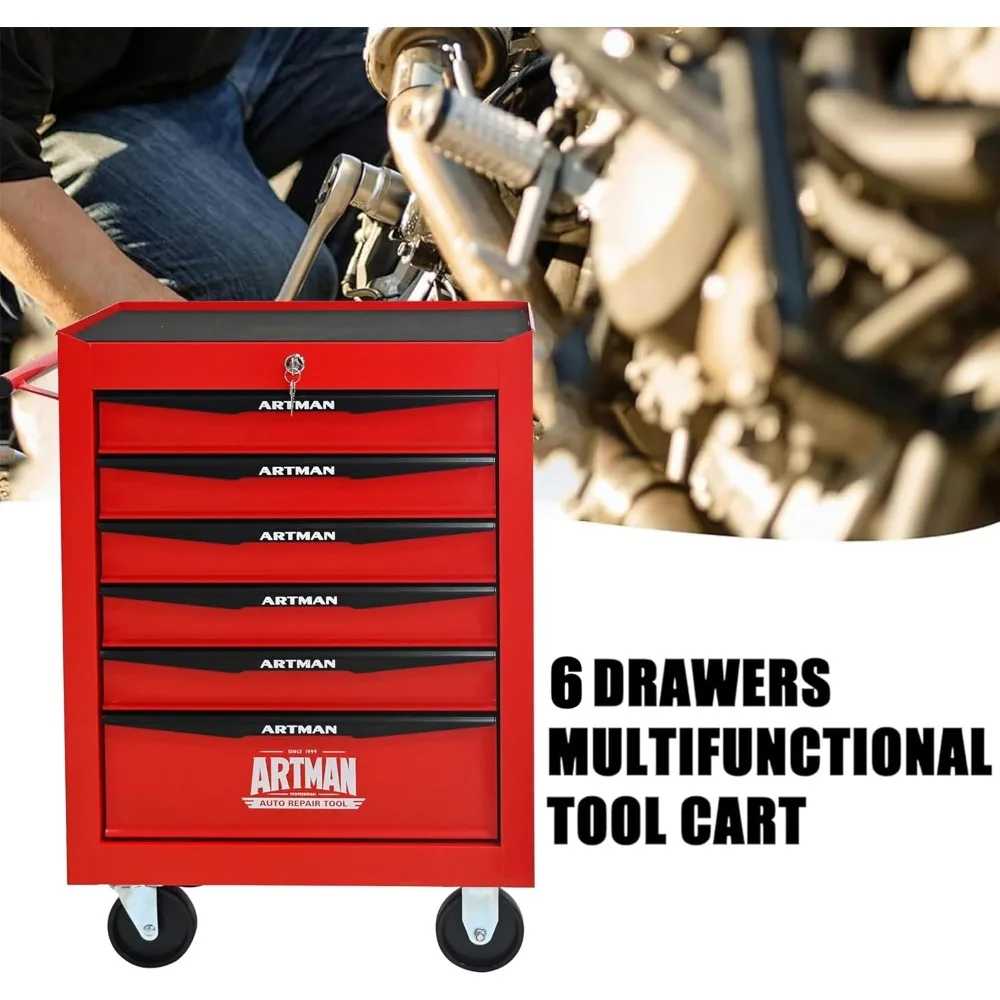 Multifunctionele rollende gereedschapswagen met 6 laden, robuuste trolley-organizer voor gereedschapsopslag in magazijnen