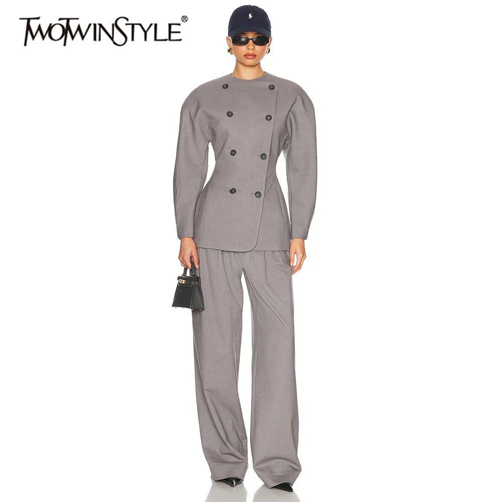 

TWOTWINSTYLE Solid Casual Two Piece Sets for Women O Neck Long Sleeves Spliced Double Brasted Top Wide Leg Pant Set Female New