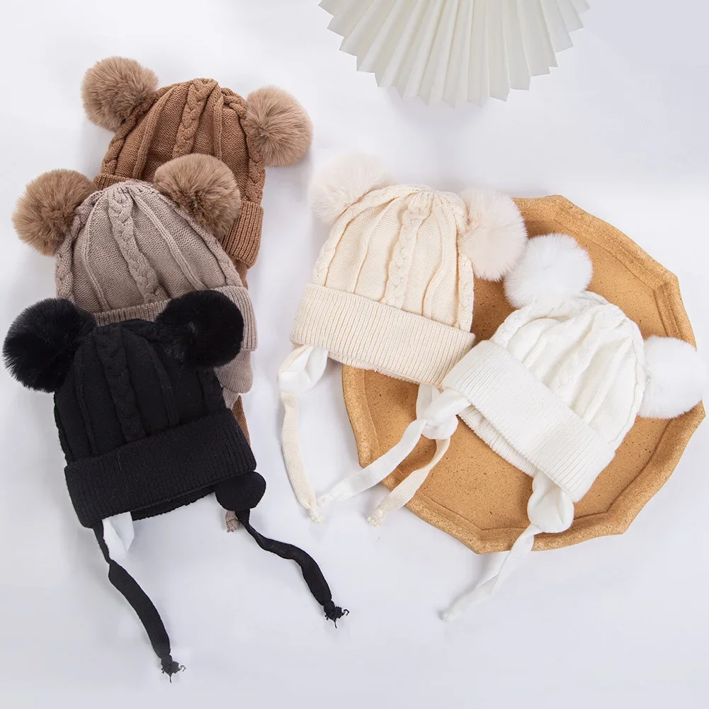 Bonito urso earpuff texturizado malha chapéus pompom bebê para menino menina grosso quente inverno proteção de orelha bonés forro de algodão crianças headwraps