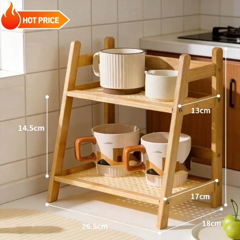 2026 Hot Selling Items Countertop Organizer 2 Layer Coffee Cup Holder Multipurpose Bamboo Storage Shelf