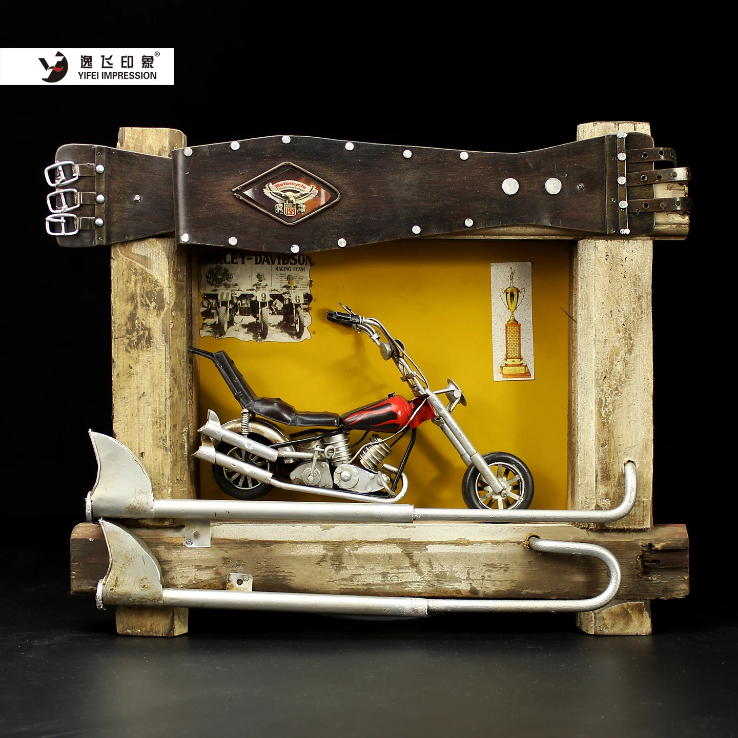 Handcrafted Retro Motorcycle Wall Art Rustic Wood Frame Iron Motorcycle Decor with Hooks for Home Bar Cafe Wall Hanging