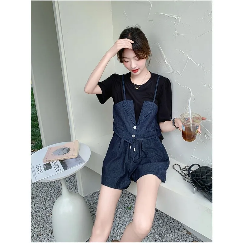 Pantalones de traje de mezclilla negros para mujer, conjuntos de dos pantalones cortos de manga corta falsos de temperamento fino de verano, nivel de apariencia alta de alta calidad