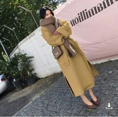 Women\'s Fashion Autumn/Winter New Slim Fit Waistband Flip Collar Woolen Coat