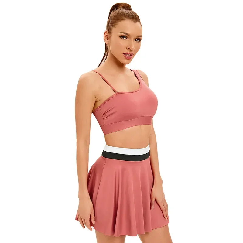 Traje de baño rosa de Color liso 2024 para mujer, falda para la playa de cintura alta de tres piezas, Bikini Sexy con tirantes deportivos, traje de baño sin espalda para verano