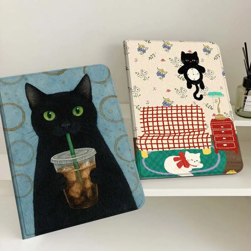 Cartoon Black Cat Drink Gift Tablet Case For Samsung Tab Galaxy S6 S11 A A7 A8 A9 A11 10.1 10.4 10.5 Plus Lite