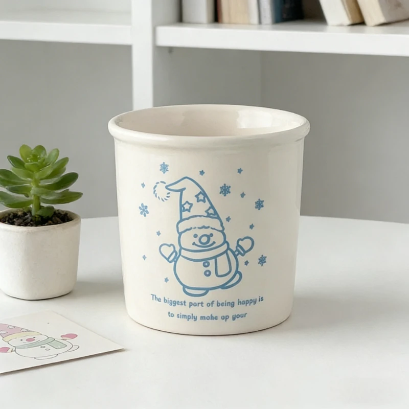 New Japanese Style Handleless Snowman Ceramic Mug High Beauty Cartoon Breakfast Cup Cute Coffee Cup Christmas Water Cup Home Use