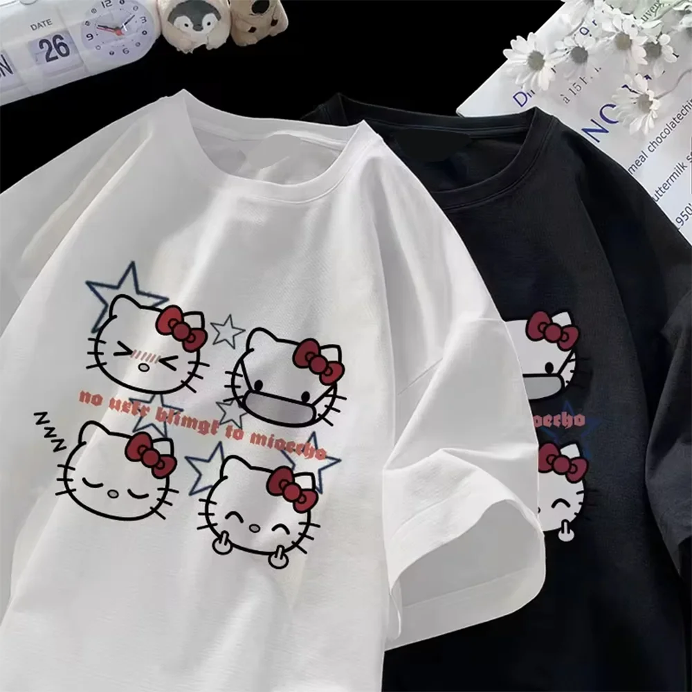 

Хлопковая дышащая и свободная футболка с забавным мультяшным принтом Hello Kitty Sanrio, кавайная эстетичная милая летняя футболка Y2k для пары с короткими рукавами
