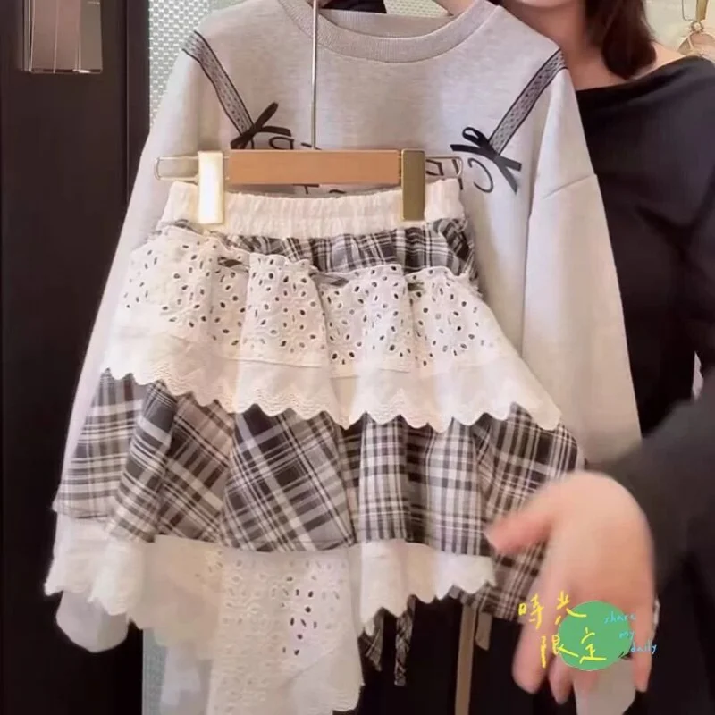 Girls' Spring Fashionable Irregular Short Skirt Set2026New trendy long-sleeve dress two-piece set for older children