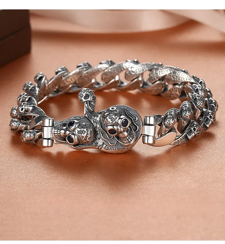 925 Silver Graffiti Bracelet Fashion Male Personality Retro Skeleton Head Bracelet Dark Black Hip Hop Gift for Boyfriend