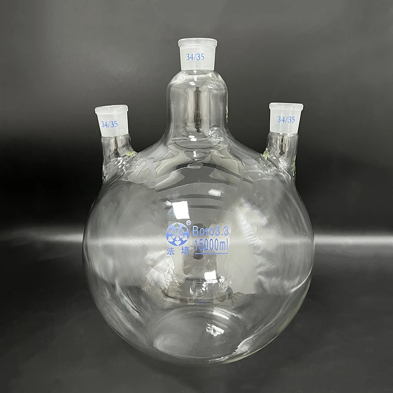 Three-necked flask straight shape,with three necks standard grinding mouth,Capacity 15000mL 34/35,Three-necked flat bottom flask