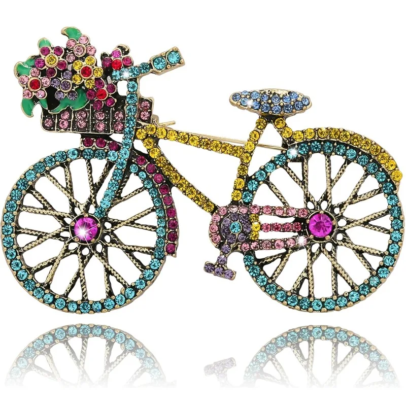 Crystal Rhinestone Bicycles Brooch Pin for Women Retro Elegant Handmade Blue Brooches Pins Classic Wedding Fashion Jewelry Gift