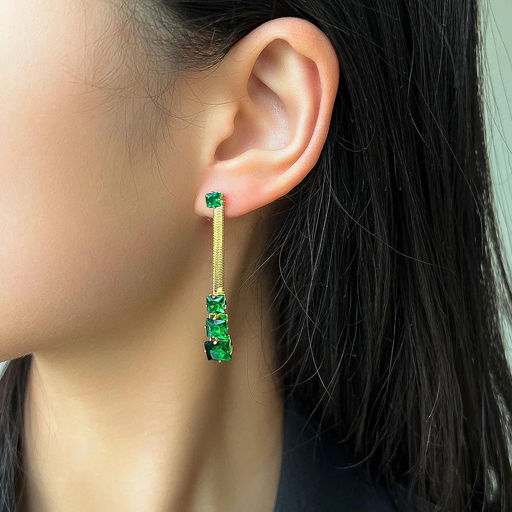 316L Stainless Steel New Fashion Fine Jewelry Punk Tassel Embedded Gradient Large Green Zircon Stud Earrings For Women