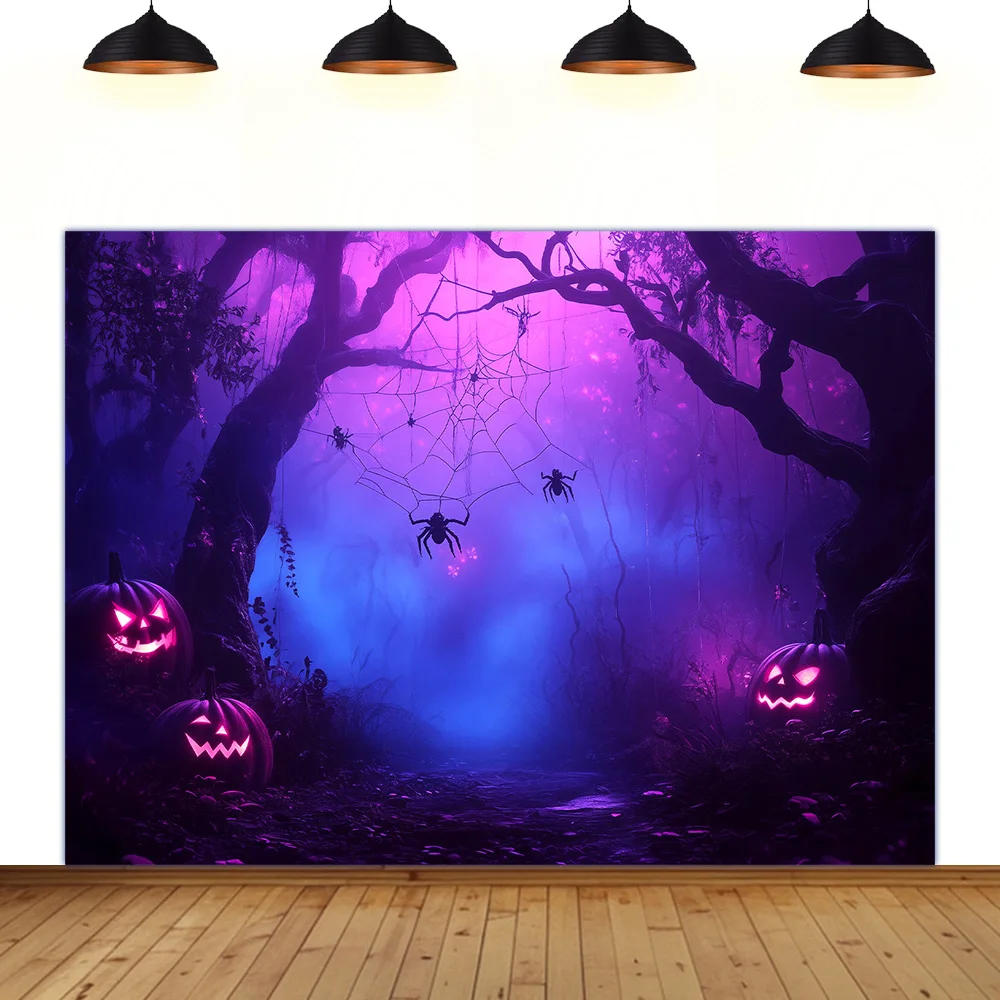 

Halloween theme background Solid color red Purple green spider web gloomy terror wall decoration room photography photo backdrop