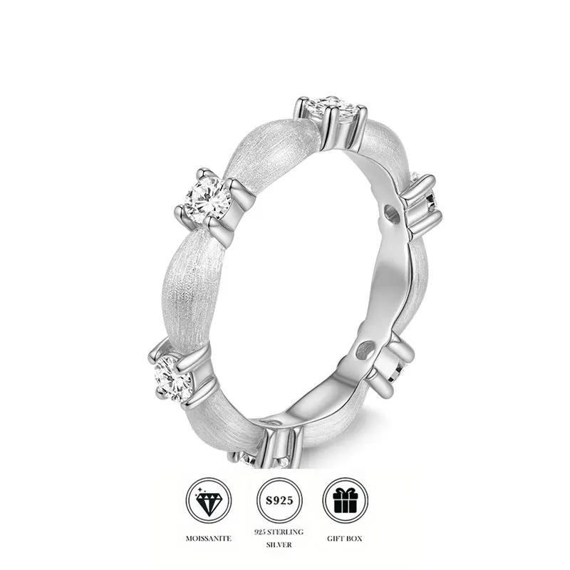 

Подлинное кольцо из стерлингового серебра S925 с квадратным кристаллом и муассанитом в форме бамбукового стебля, матовое, штабелируемое, вечное кольцо, изысканное украшение