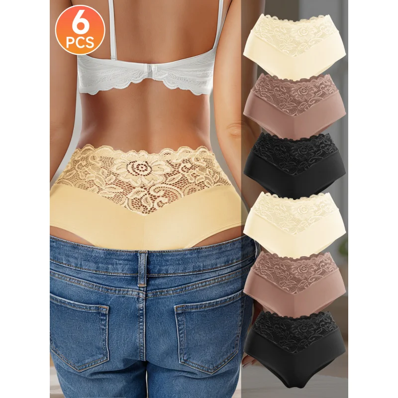 

Комплект из 6 женских трусиков: сексуальные, со средней посадкой, с кружевной отделкой, однотонные, с кружевным поясом, для подтяжки и коррекции фигуры