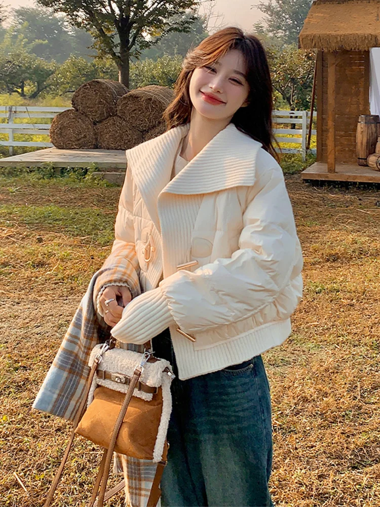 

White Knitted Stand Collar down Cotton Jaet Women's ort Thi Warm Design Winter Outerwear Korean Sle Loose Fit Coat