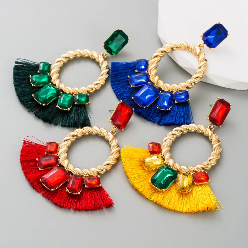 New exaggerated stained glass diamond tassel earrings women's Korean temperament geometric earrings cut-out earrings jewelry