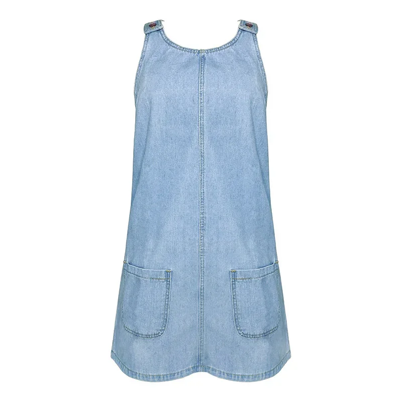 Women Button Patchwork Shoulder Strap Denim Dresses Hem Double Pockets Sleeveless Dress Female Crisp Summer Commuter Casual Gown