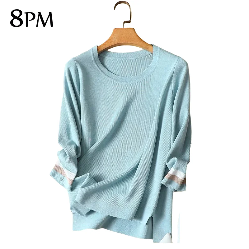 

Sweater Cardigan Women T-Shirts Fashion Office Lady Elegant Knit Tops O-Neck Short-Sleeved Loose Knitted Pullovers High Quality