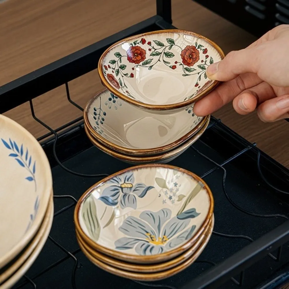 Small Dish Retro Ceramic Flavor Dish Mini Floral Pattern Dipping Dish Irregular Exquisite Mini Fruits Bowl Hot Pot