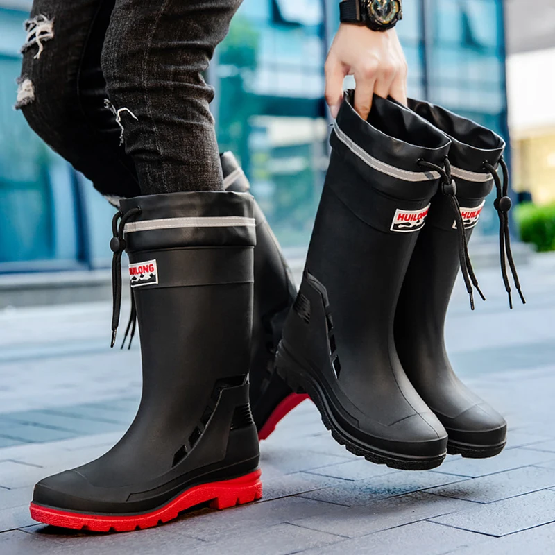 High-top Men Water Boots Plus Velvet Warm Rain Boots Fishing Outdoor Waterproof Rain Boots Gardening Long-tube Work Water Shoes