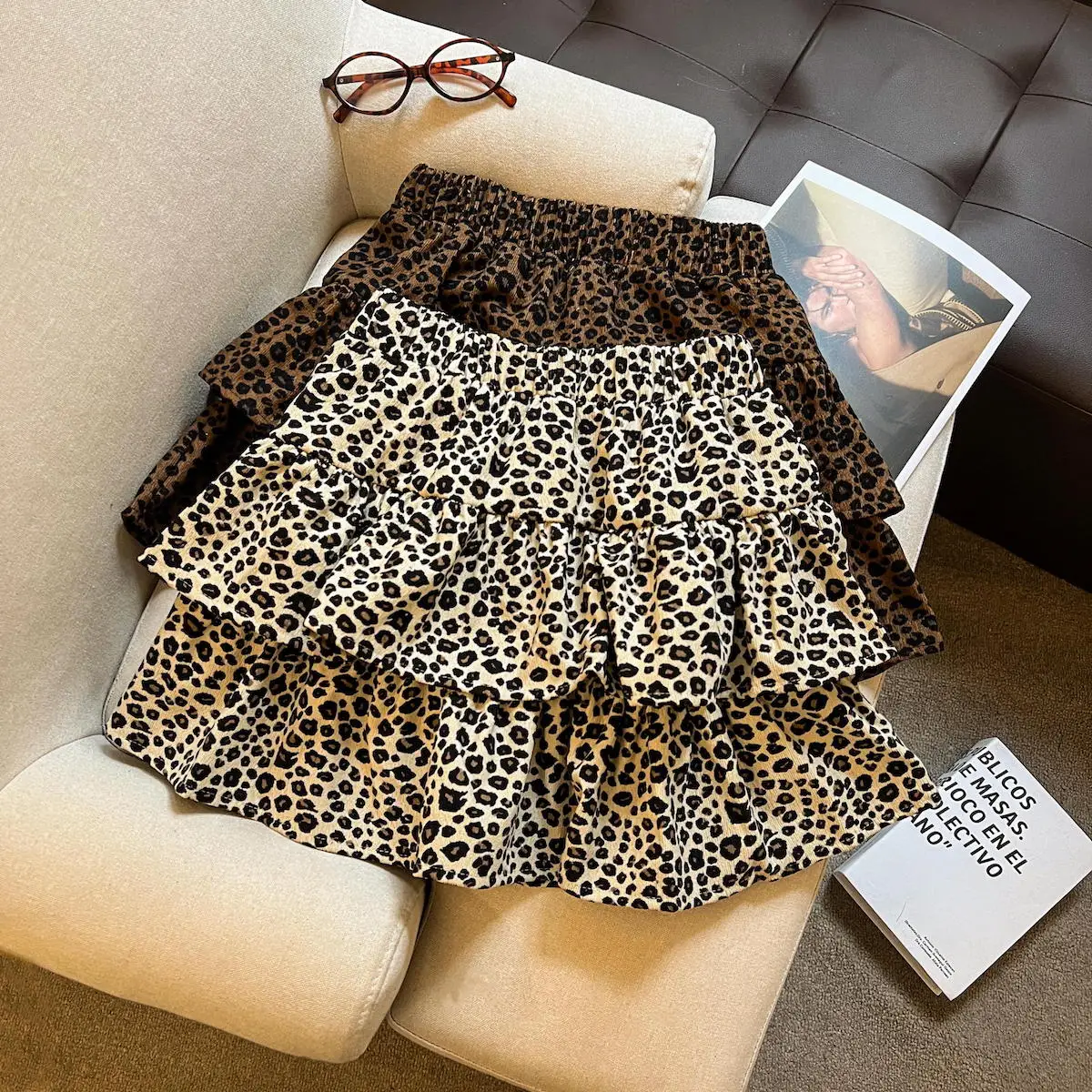 

Ele Sweet Sle Elastic Waist Leopard Print Layered ort Skirt Cake Hem Commute Cotton B�enched Daily Wear Women's Skirt