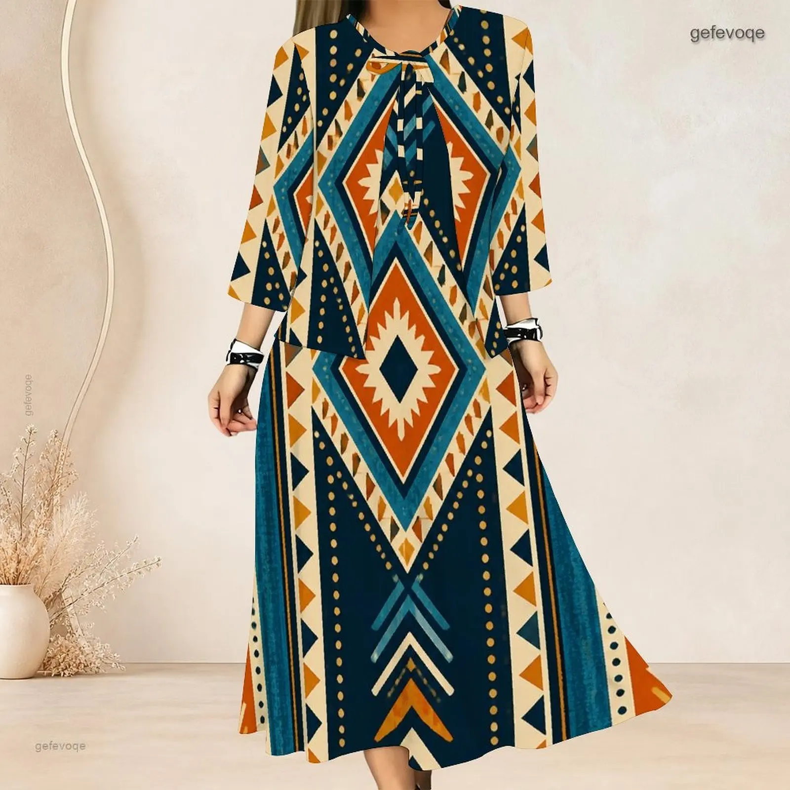 Women Printed Brown Plaid Patchwork 3/4 Sleeve Tie Neck Top and Long Dress Two Piece Set