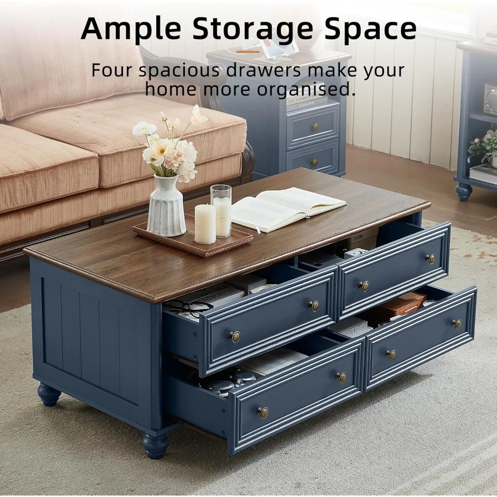 48 طاولة قهوة للمزرعة مع مساحة تخزين مخفية، وطاولات قهوة خشبية مع 4 أدراج ومقابض عمود روماني #5