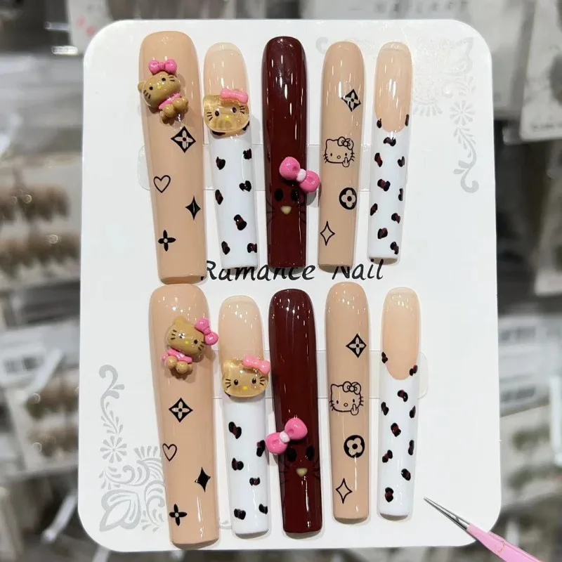 

10Pcs/Set Full Cover False Nails Press on Nails Fake Nails Diy Pure Handmade Removable Super Long Cat Cute