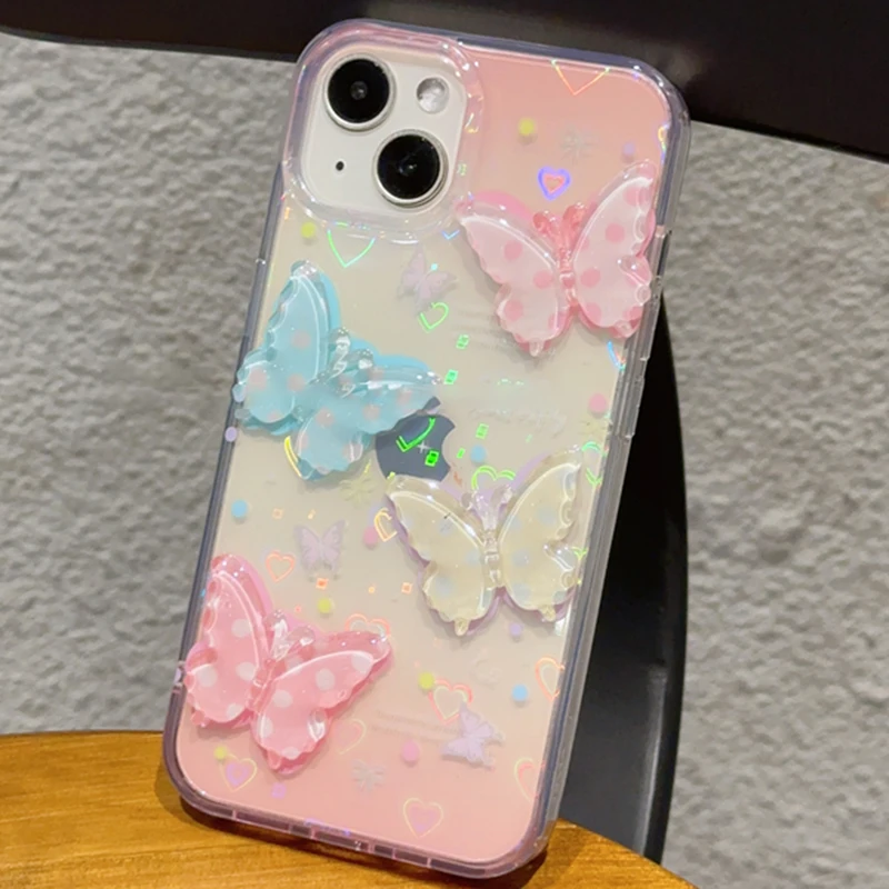 Korean Lovely 3D Polka Dot Butterfly Laser Love Heart Phone Case For iPhone 15 14 13 12 11 Pro Max Trendy Clear Back Cover Girls