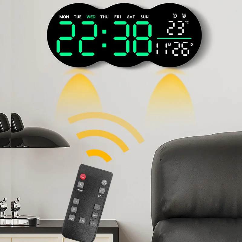 

Colorful LED Digital Wall Clock Temperature Date Week Display Table Alarm Clocks Brightness Adjustment Electronic Clock Remote