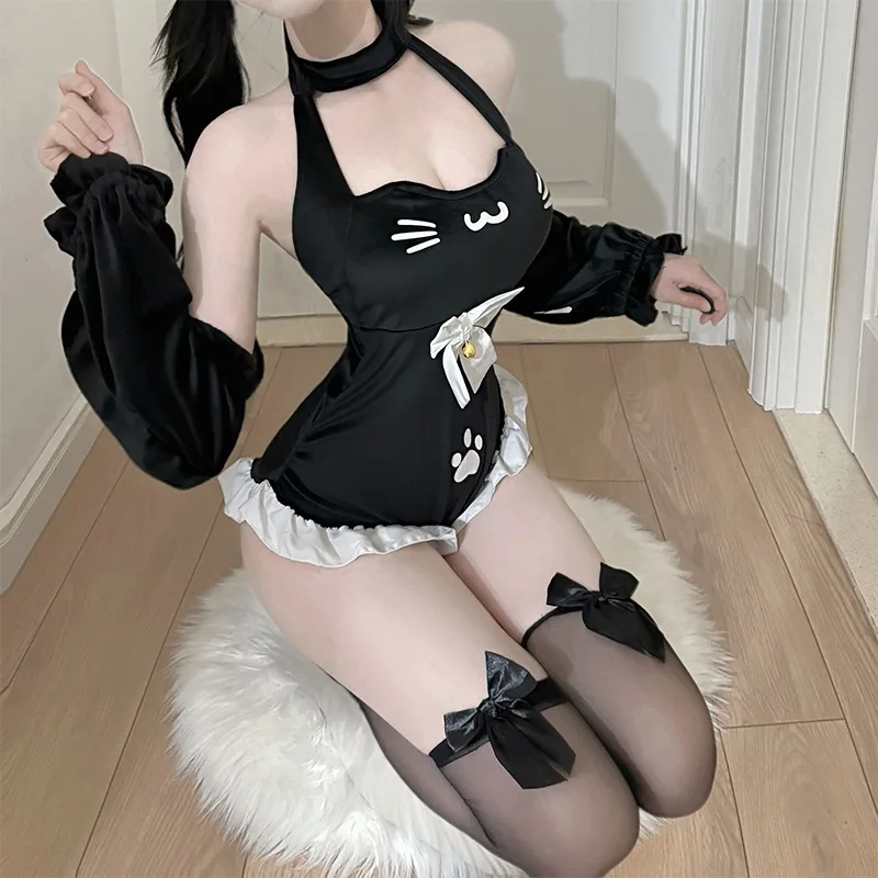 Disfraz de Cosplay de Anime de Chica Gato Sexy, Body de Pata con Espalda Descubierta para Mujer, Lencería con Lazo y Campana, Atuendos de Juego de Rol, Ropa de Dormir