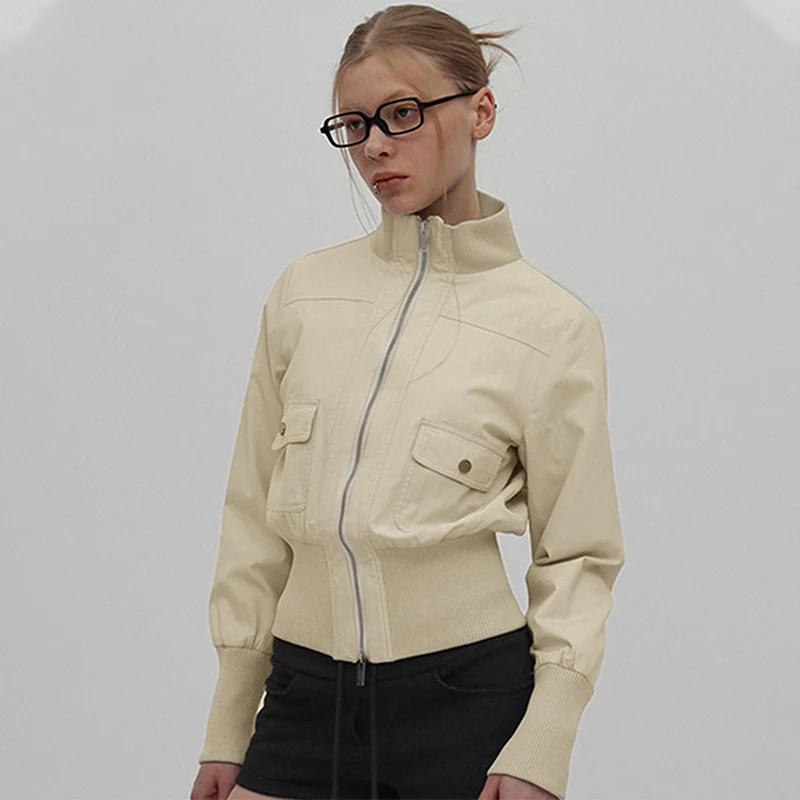 TARUXY Ribbed Work Jacket Women's Zippered Pocket Slim Fit Long Sleeve Short Panelled Coat Autumn New High Street Female Coat