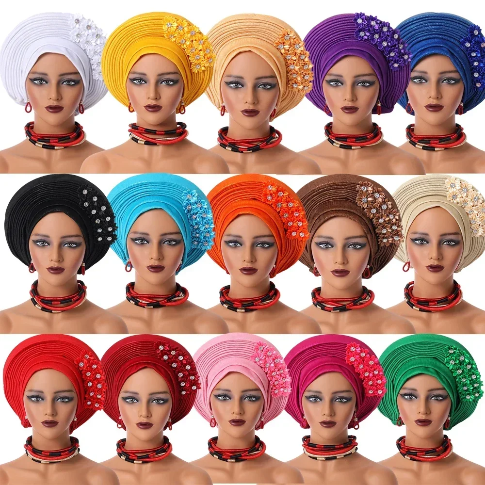African Already Made Hat Auto Gele Women Hijab Headtie Nigeria Wedding Party Bonnet Female Head Wrap Headpiece Sequin Turban Cap