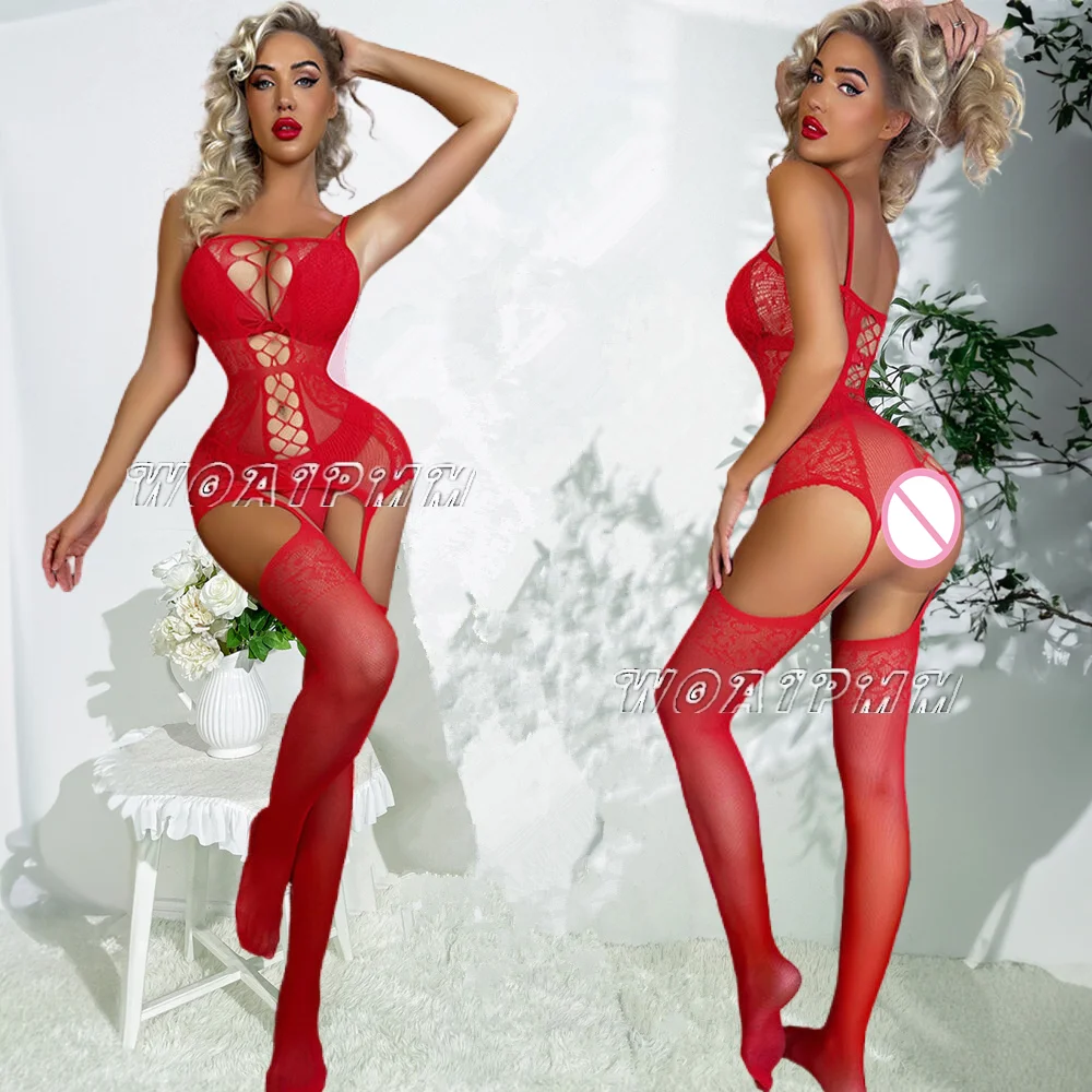 Women Full Body Stockings Red Color Underwear Fishnet Perspective Tight Lingerie Clothes Erotic Mesh Hollow See Through Jumpsuit