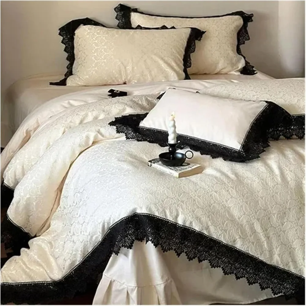 Four piece cotton thick warm French luxury lace matching bed sheet and duvet cover, autumn and winter bedding (queen)