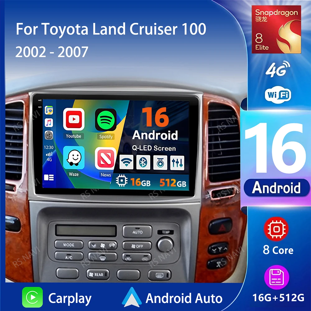 Android 16 Carplay Auto Qualcomm 2K QLED Screen Car Radio Player For Toyota Land Cruiser 100 2002-2007 4G GPS Multimedia Stereo