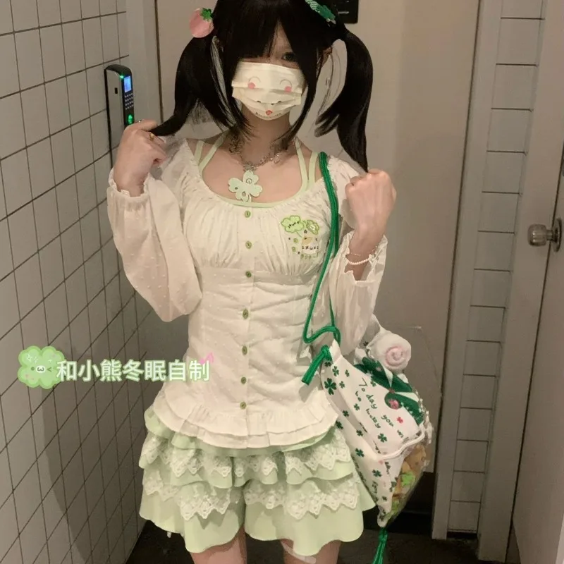

Japanese Sweet Cute Retro Spring Summer New Lace Long Sleeved Top+Strap+Short Skirt 3 Piece Sets Versatile Chic Womans Clothes
