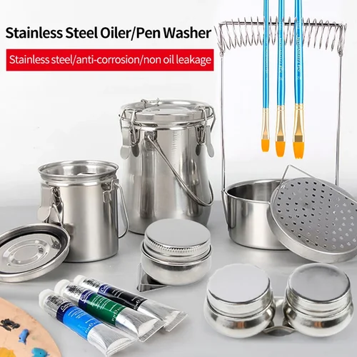 Imagen 2 del producto Pincel para pintura al óleo, cubo de lavado de acero inoxidable, cubo para lavar bolígrafos, dispositivo portátil sellado, soporte para bolígrafo de secado, suministro de arte para dibujar