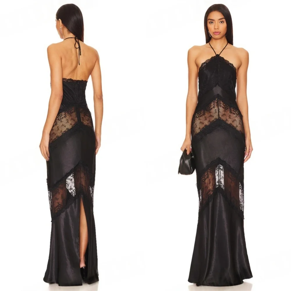 

Customized Sexy Black Satin Evening Dresses Fashion Halter Sleeveless Homecoming Dresses Exquisite Special Occasion Gowns