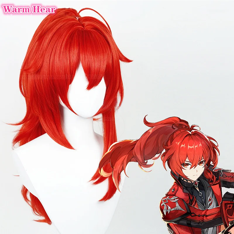 New Diluc Cosplay Wig  Cosplay Diluc Ragnvindr Long Red High Ponytail Heat Resistant Synthetic Hair Wig + Wig Cap