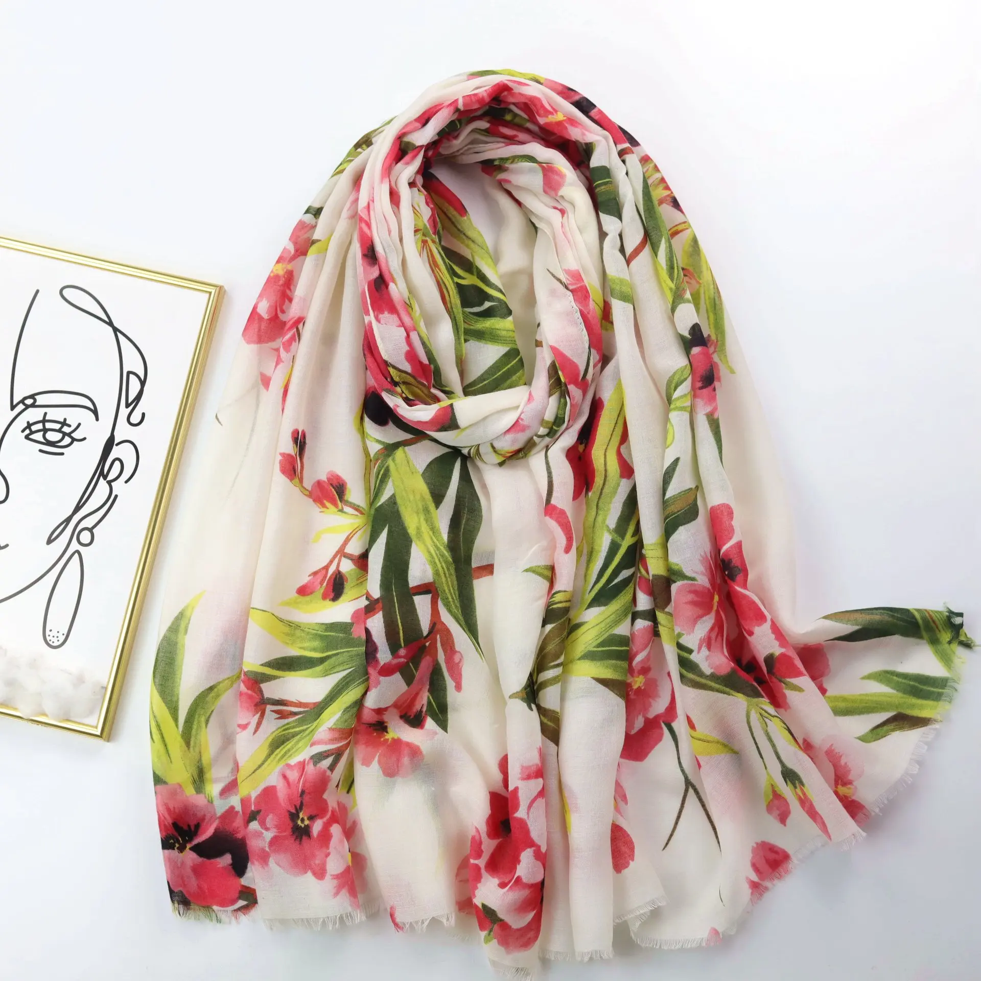 Lightweight Scarves Fashion Flowers Print Women Cotton Wrap Scarf Head Shawl For Spring Summer Headband Bandana Long Stoles