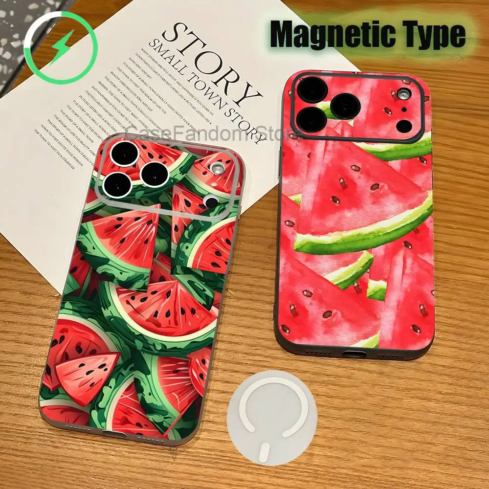 

Watermelon Art Magnetic Wireless Charging Transparent White Phone Case For iPhone 17,16,15,14,13,12,11,Pro,Max,Plus