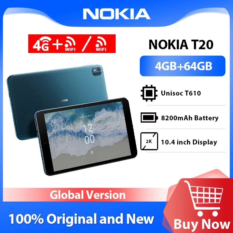 Global Version Nokia T20 Tablet PC 4GB RAM 64GB ROM 4G WiFi Unisoc T610 Processor 10.4 inch Display 8200mAh 8MP Camera Android11