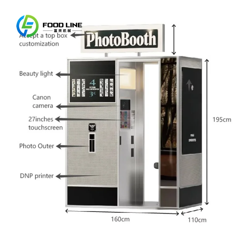 customized vintage silver photo booth kiosk built‑in printer camera support custom logo for party ceremony event operators