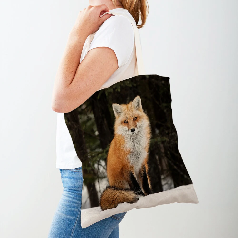 

Casual Wild Animal Fox Lady Shopping Bag Both Sided Print Reusable Canvas Fashion Travel Tote Handbag for Women Shopper Bags