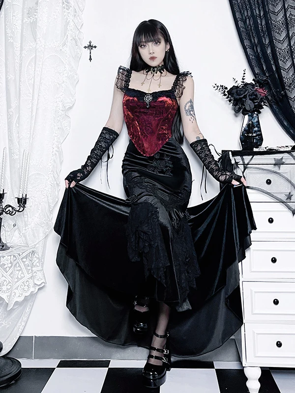 Gotico k Lady Dr Gonna Ele Fi Tail Abito da sera Retro Vita alta Sexy Poliestere Spandex Lungo da sera Dr