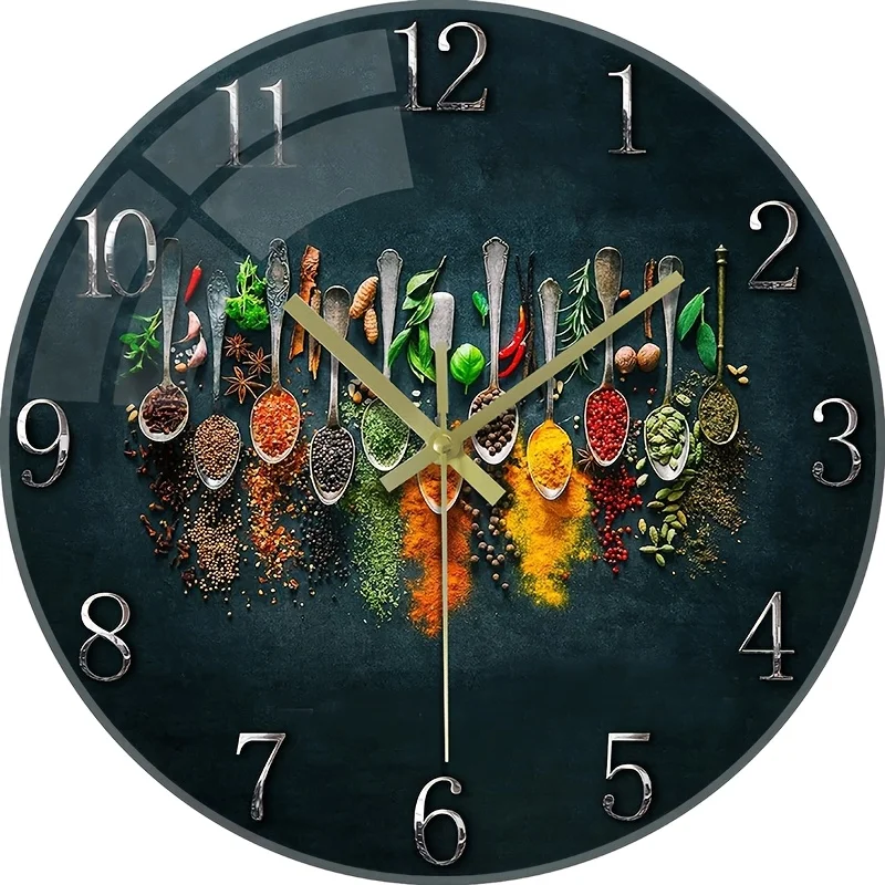 Silent Glass Wall Clock with Vibrant Spice Design - Thick Reinforced Glass,, Modern Kitchen & Bedroom Decor, Perfect Gift for C