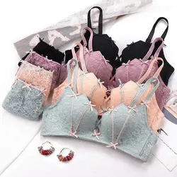 Floral Lace Sexy No Trace Bra No Underwire Breathable Wipe Chest Bow Underwear Women Gathered Upper Support Small Bra Soft