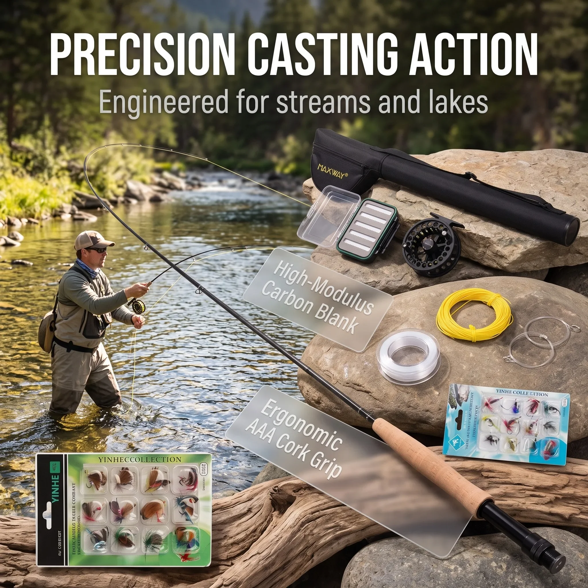 MAXWAY Fly Fishing Combo Carbon Fly Rod Reel Full Tackle Kit,Lines,Assorted Flies,Box,Travel Carry Tube for Beginner Fly Fishing